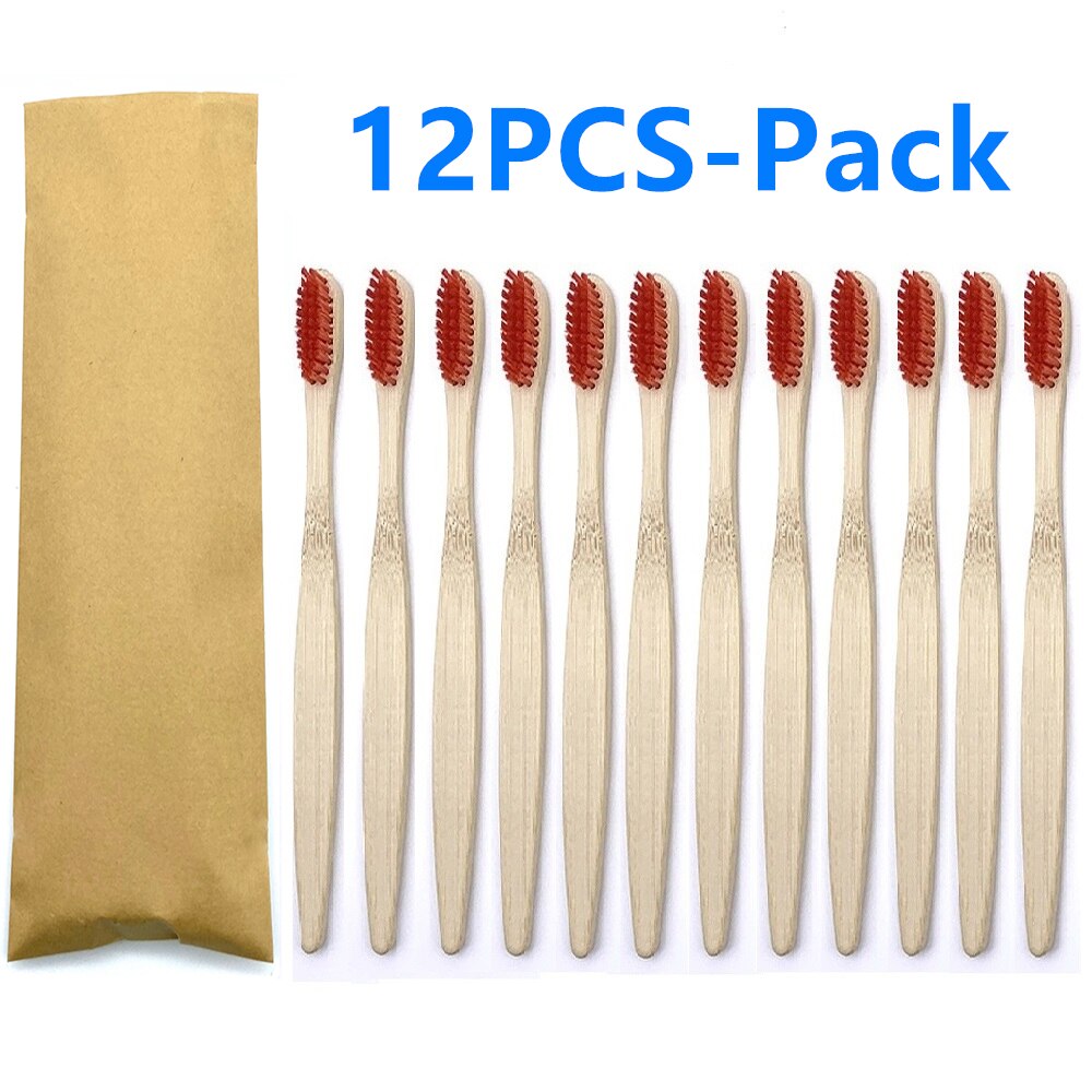 12 Pack Vegan Bamboo Toothbrush Wood Toothbrushes Soft Bristles Eco Friendly Products Zero Waste Biodegradable Travel Toothbrush: 12PCS Red Color