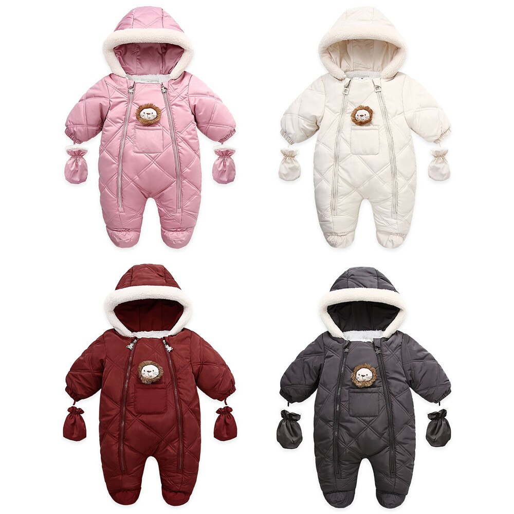6-24 Maanden Winter Baby Dikke Warme Footies Baby Peuter Meisje Jongen Cartoon Leeuw Hooded Lange Mouwen Betaalde Jumpsuit met Handschoenen