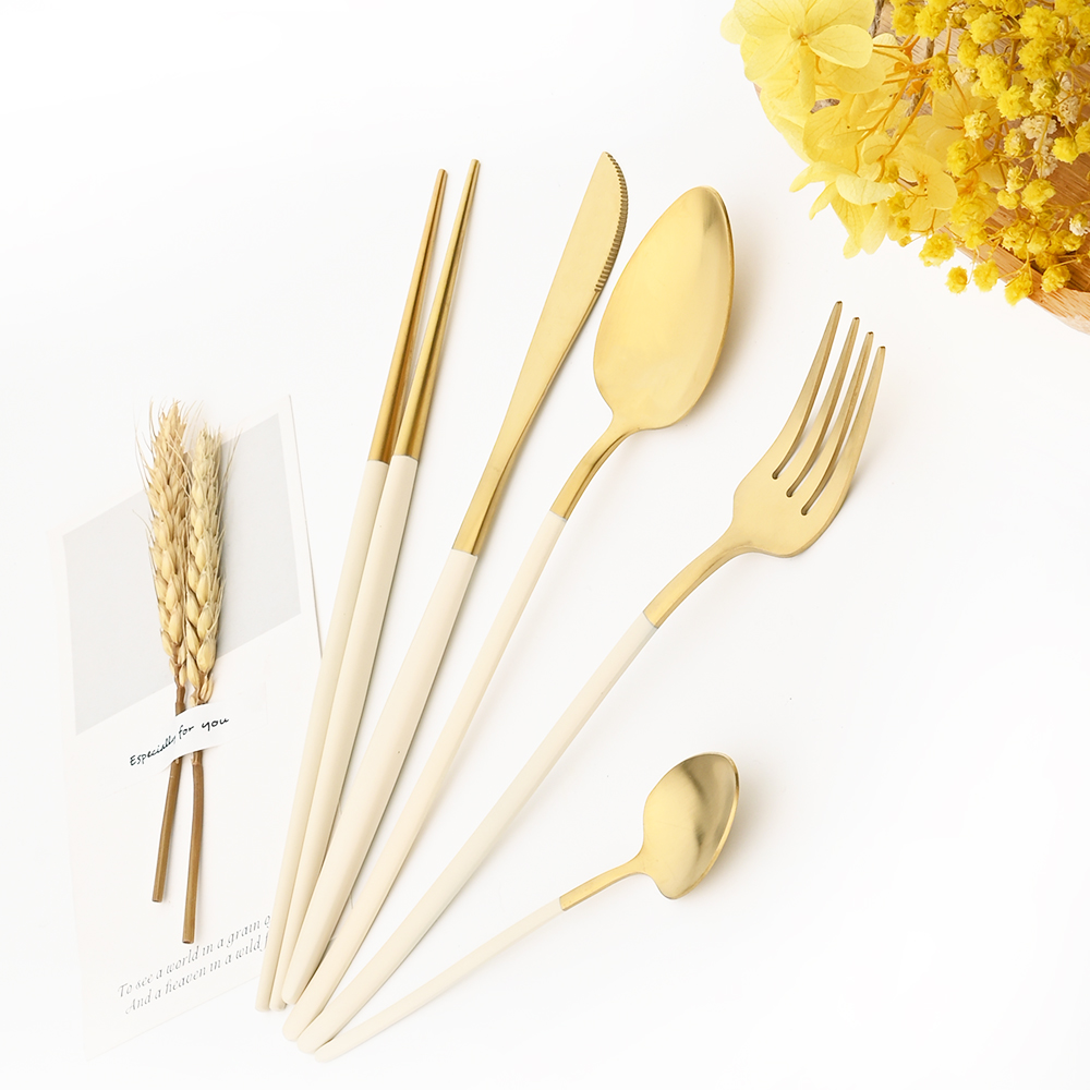 1Pcs Bestek Set 304 Rvs Kleurrijke Servies Set Lepel Mes Servies Set Zilverwerk Beige Goud Keuken Accessoires