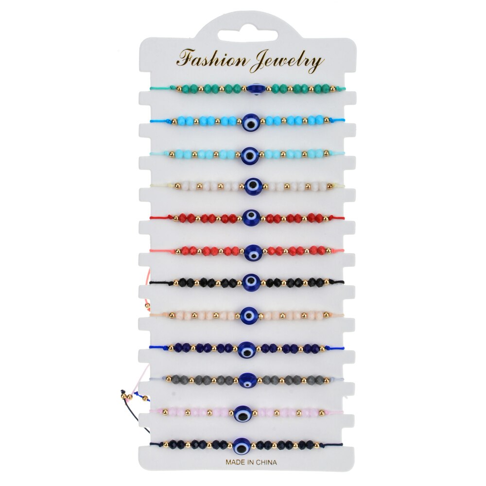 Vrouwen 12 Stks/set Turkije Blue Evil Eye Armband Voor Vrouwen Verstelbare Katoen Ketting Kristal Kralen Armbanden Enkelband Sieraden