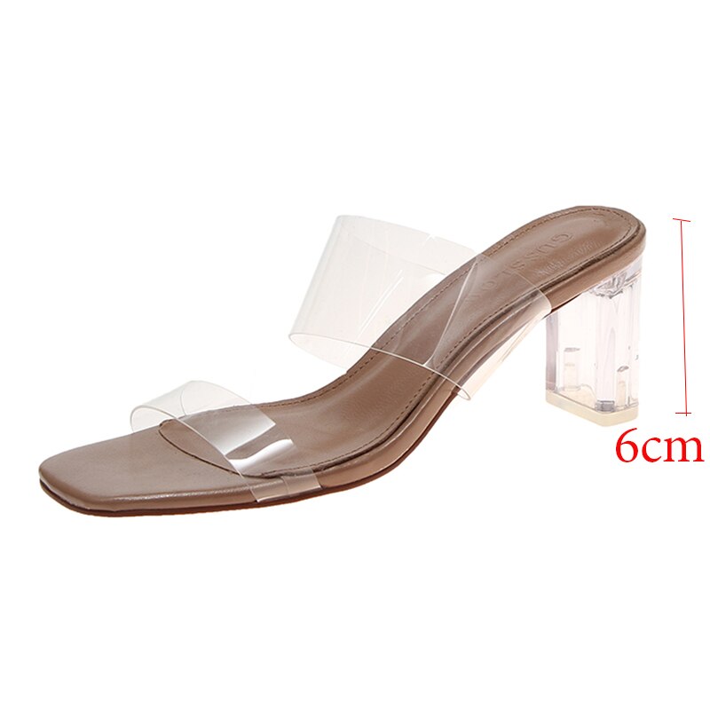Klare hæle hjemmesko kvinder sandaler sommersko kvinde gennemsigtige hjemmesko høje hæle pumps bryllup sandal zapatos de mujer: 6 cm hæl / 8.5