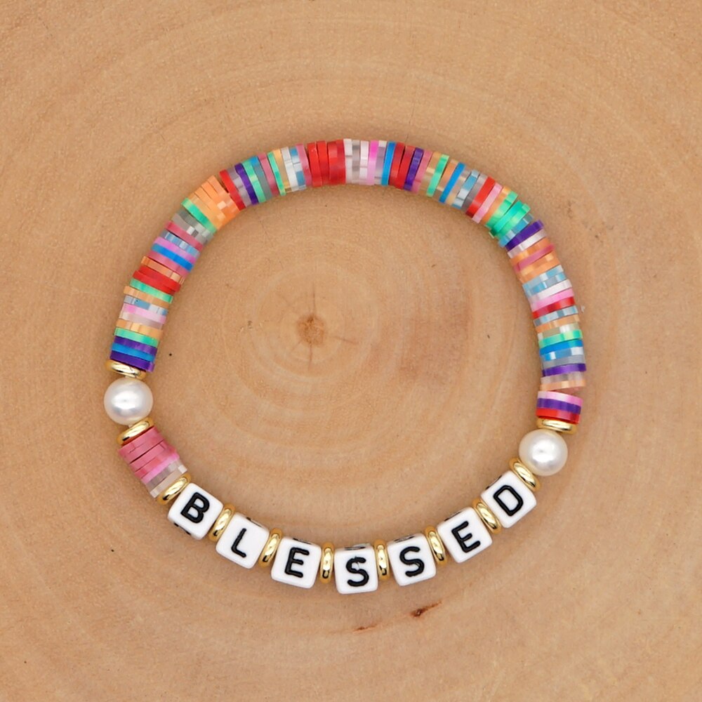 GO2BOHO Rainbow Polymer Clay Bracelets Heishi Disc Beads Bracelet Women Blessed Letter Summer Beach Pearl Pulsera Jewelry: QT-B200146E