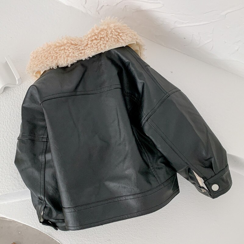 Kids Jackets Motorcycle PU Leather Baby Girls Padded Jacket Winter Boys Zipped Coat Warm Black Polar Fleece Collar