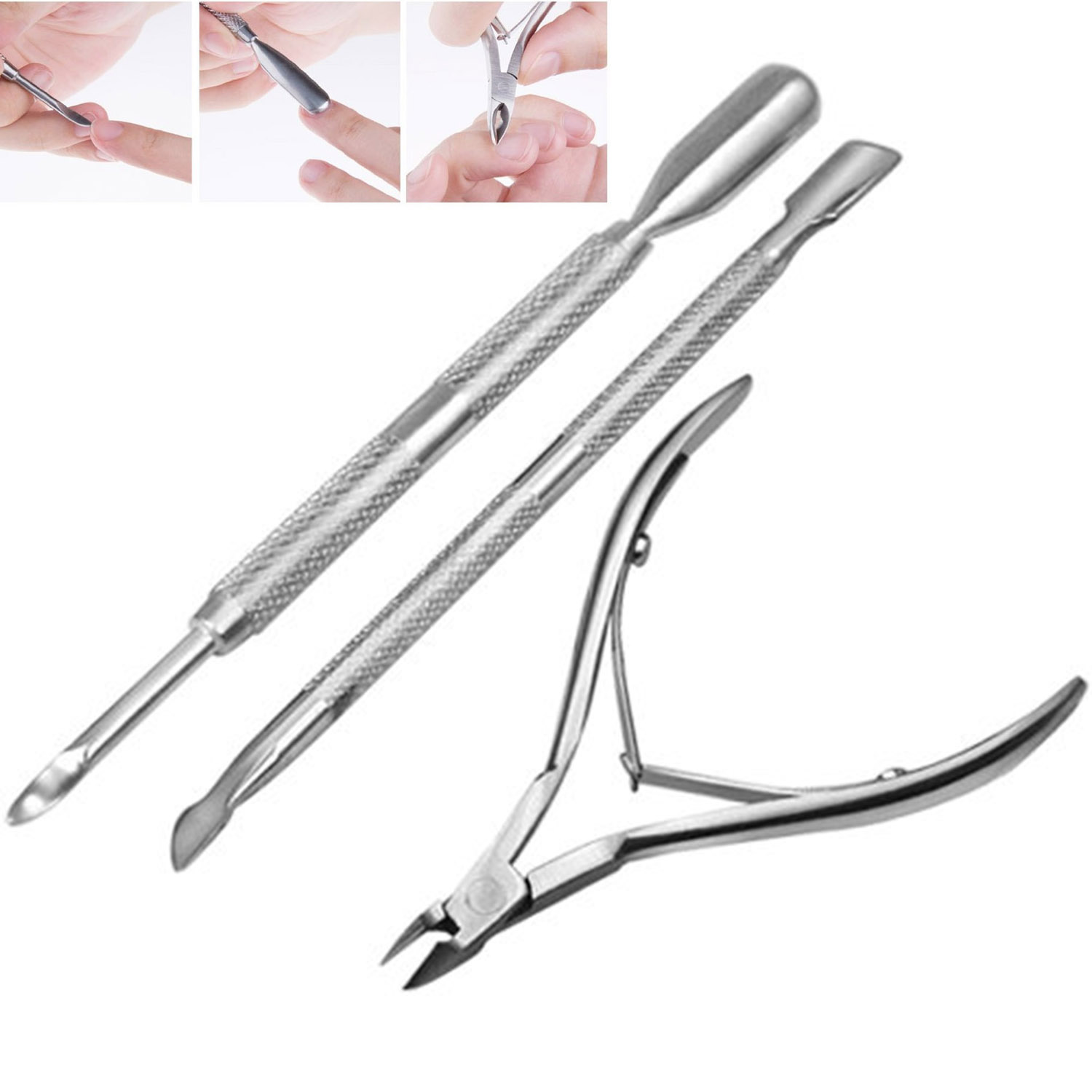 Juego de 3 pinzas de cutícula de acero inoxidable, removedor de cutículas, tijera, cortador de uñas, Kit de herramientas de manicura