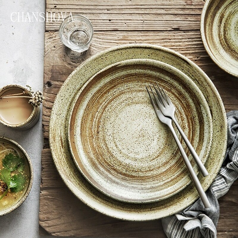 CHANSHOVA, conjunto moderno de plato redondo de cerámica grueso pintado a mano de estilo antiguo Vintage, platos, taza de té, juego de cuencos, utensilios de cocina H000