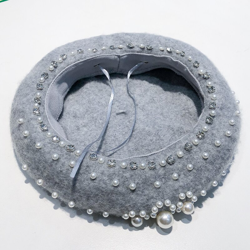 Béret noir rétro britannique pour femmes, automne et hiver, couleur pure, chapeau de peintre de perles en laine, chapeau de citrouille japonais à strass