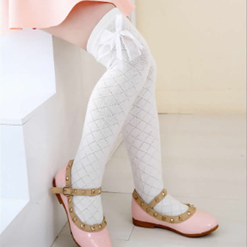 Children&#39;s summer stockings mesh over knee thin breathable cotton baby bow knot Princess socks, loose mouth high tube socks: White Socks