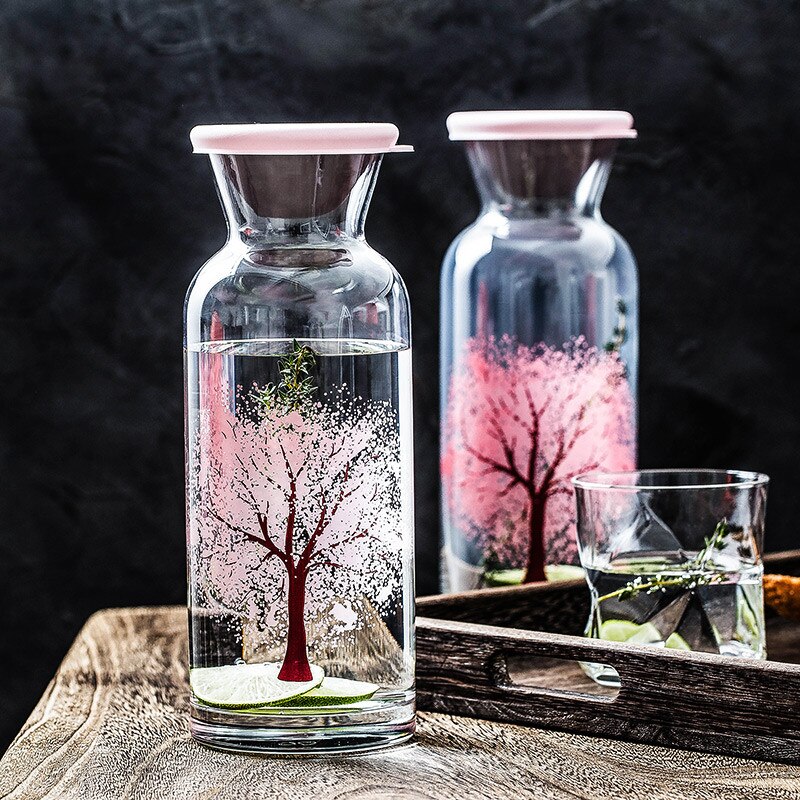Taza de agua de flor de cerezo que cambia de Color de vidrio nórdico, botella de jugo de leche creativa resistente al calor, taza de té transparente, artículos para beber