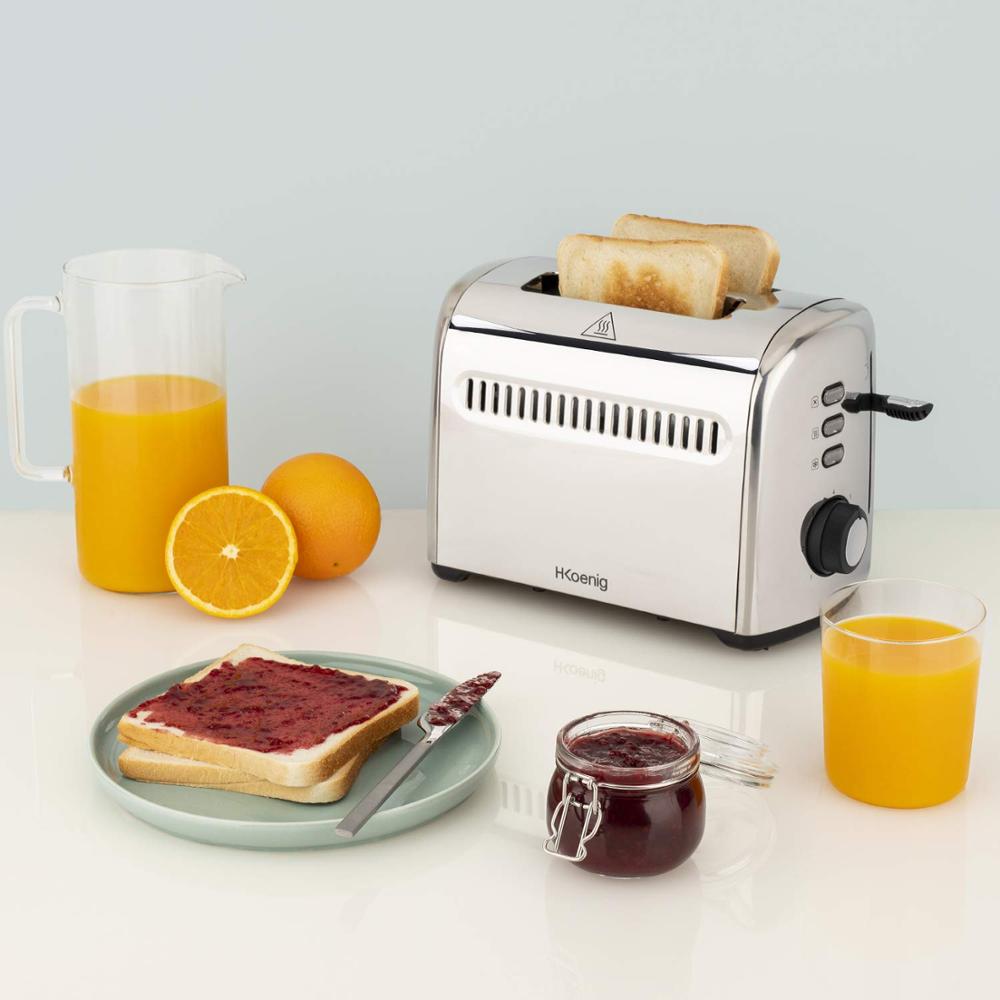 H.Koenig TOS9 Tostadora 950 W, 2 Ranuras Largas, Ideal para Baguets o Rebanadas Largas, 7 Niveles, 3 Funciones : Calienta, Recal