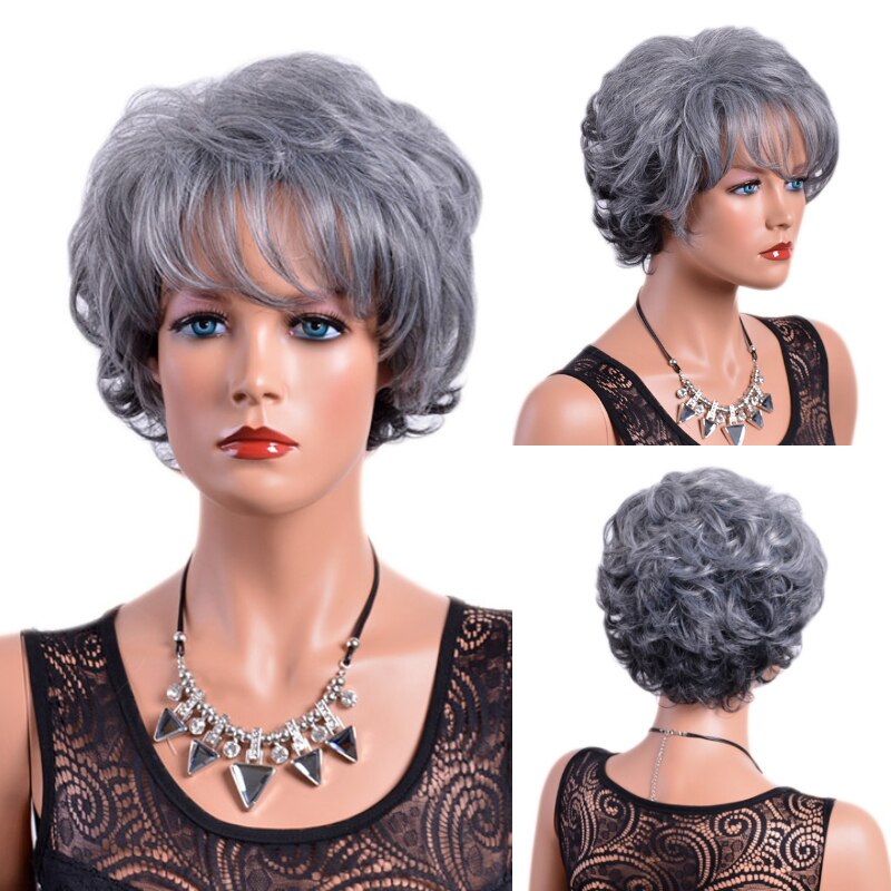 MSIWIGS Straight Short Wig for Elder Women Silver White Grey Synthetic Wigs with Bangs Natural Ombre Hair Africa American Wig