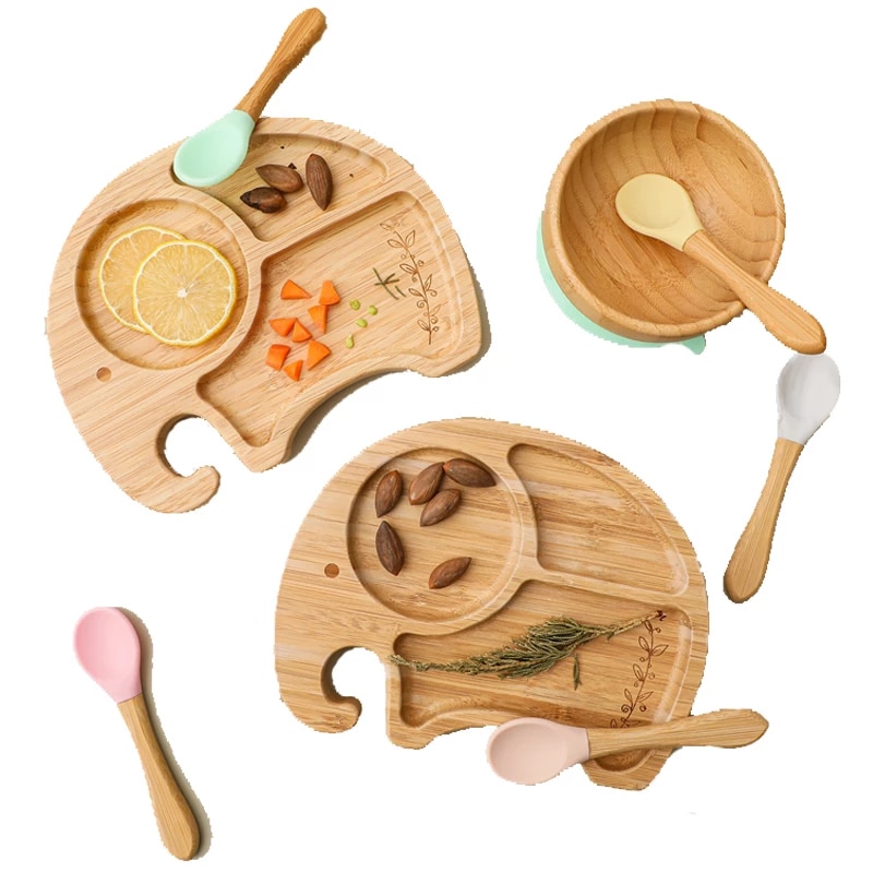 Vaisselle en bois de bambou, accessoires d&#39;alimentation pour bébé, assiette à dîner animaux de dessin animé éléphant avec ventouse, d&#39;anniversaire pour bébé 1 ensemble