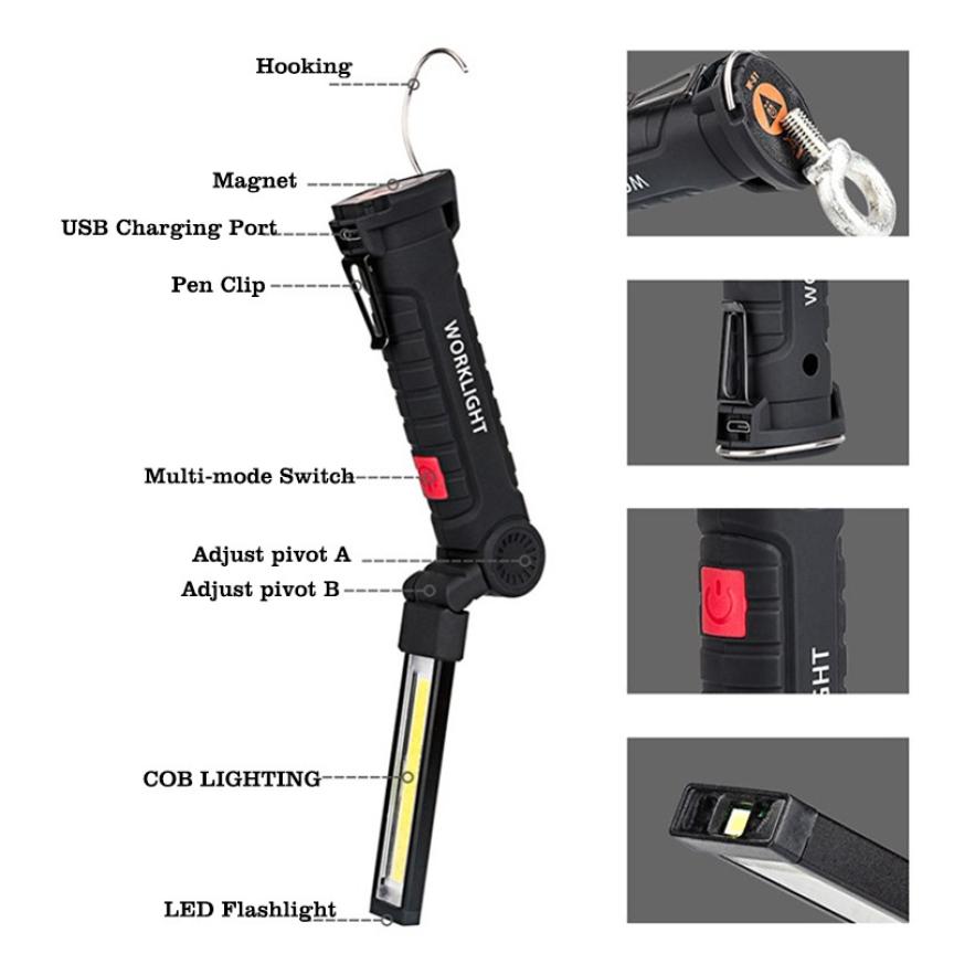COB Hand Held Work Lamp Portable 5 Mode COB USB Rechargeable LED Work Light Folding Multifunctional Portable Emergency Lamp