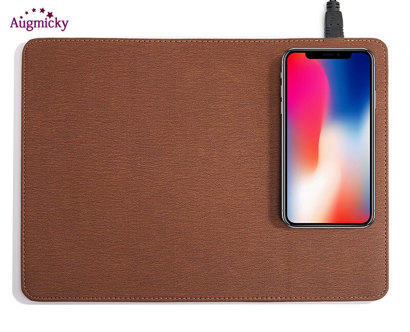 Mobile Phone Qi Wireless Charger Charging Mouse Pad Mat PU Leather Mousepad for iPhone X/8 Plus Samsung S8 Plus /Note 8: Brown