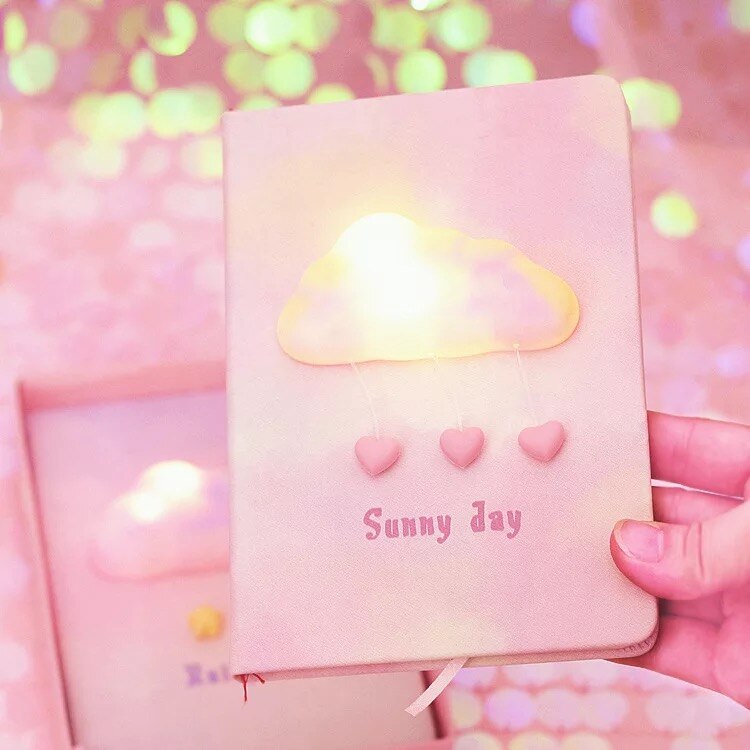 1 Set Student Kawaii Roze Droom Cloud Notebook/Zonnige Dag Reis Girl 'S Secret Creatieve Dagboek Boek Met licht Op