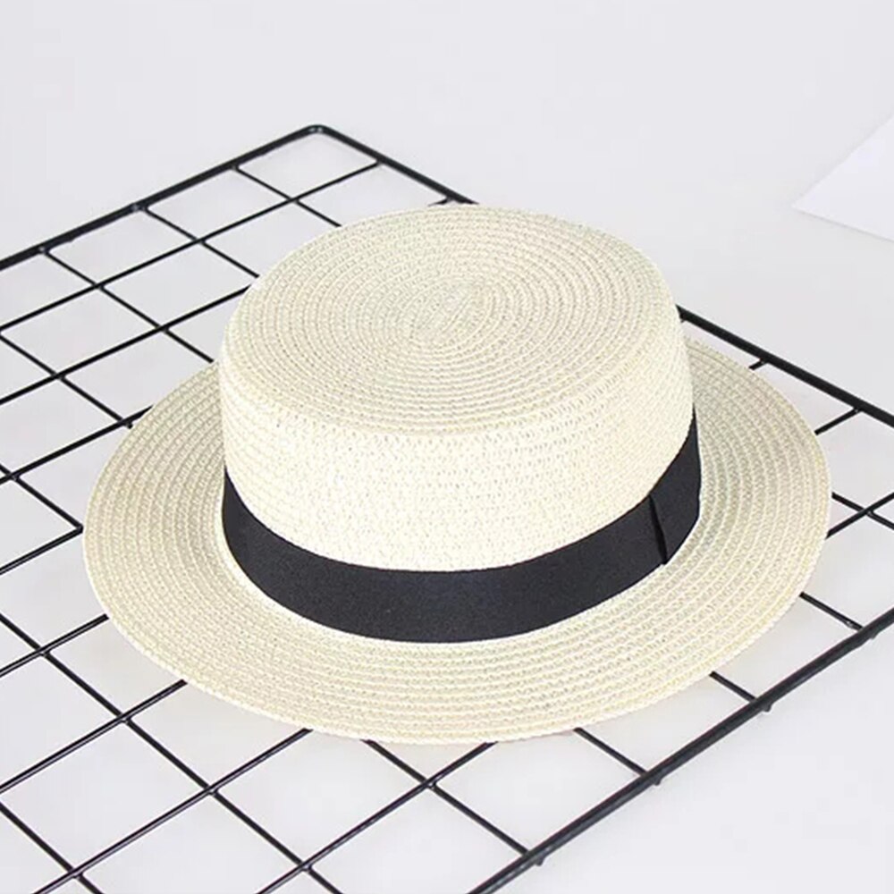 #39 bånd strå solhat åndbar stor skygge strand sommerbådsfart strandbånd rund flad top hat til kvinder: 3