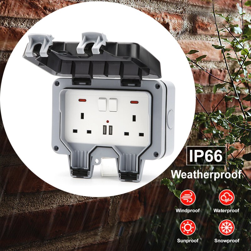 Waterproof Outdoor Socket Wall Electrical Outlets IP66 Switched Socket Covers 13A Outdoor Wall Plug Socket Box