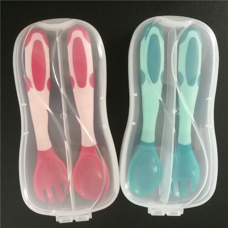 Baby Silicon Spoon Fork With Case Baby Safety Temperature Heat Sensing Feeding Spoon Kids Children Flatware Feeding Spoons