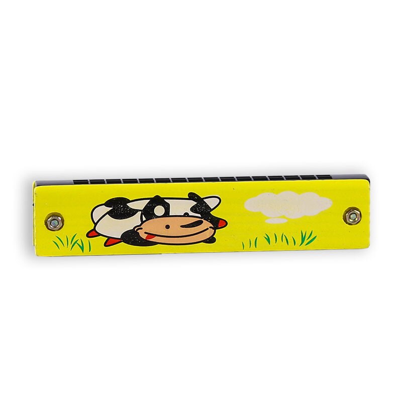 1Piece 13CM Wood Plastic 16 Holes Harmonica Toy Cute Flower Fun Double Row Early Educational Musical Instrument For Kids: cow