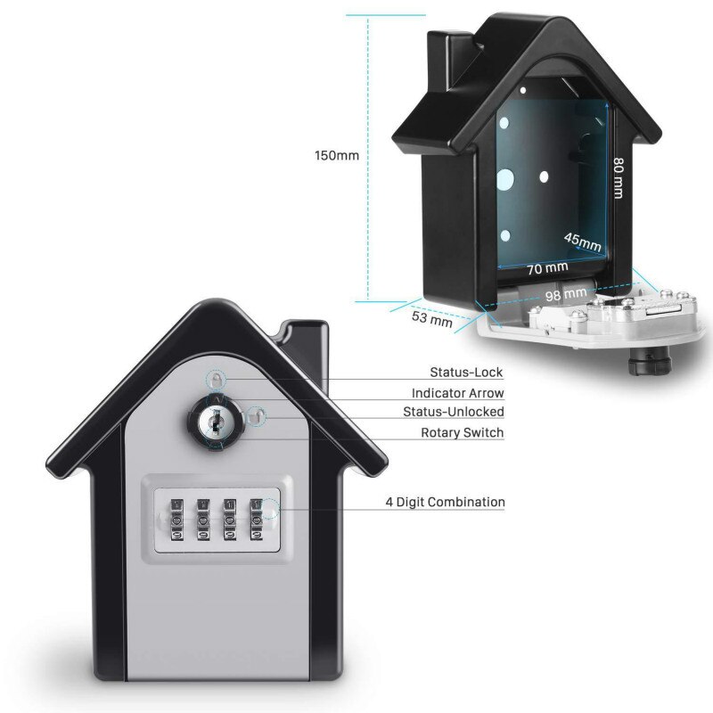 Key Safe Box Outdoor Wall Mount Combination Password Lock Hidden Keys Storage Box Security Safes For Home Office (Black/Gray)