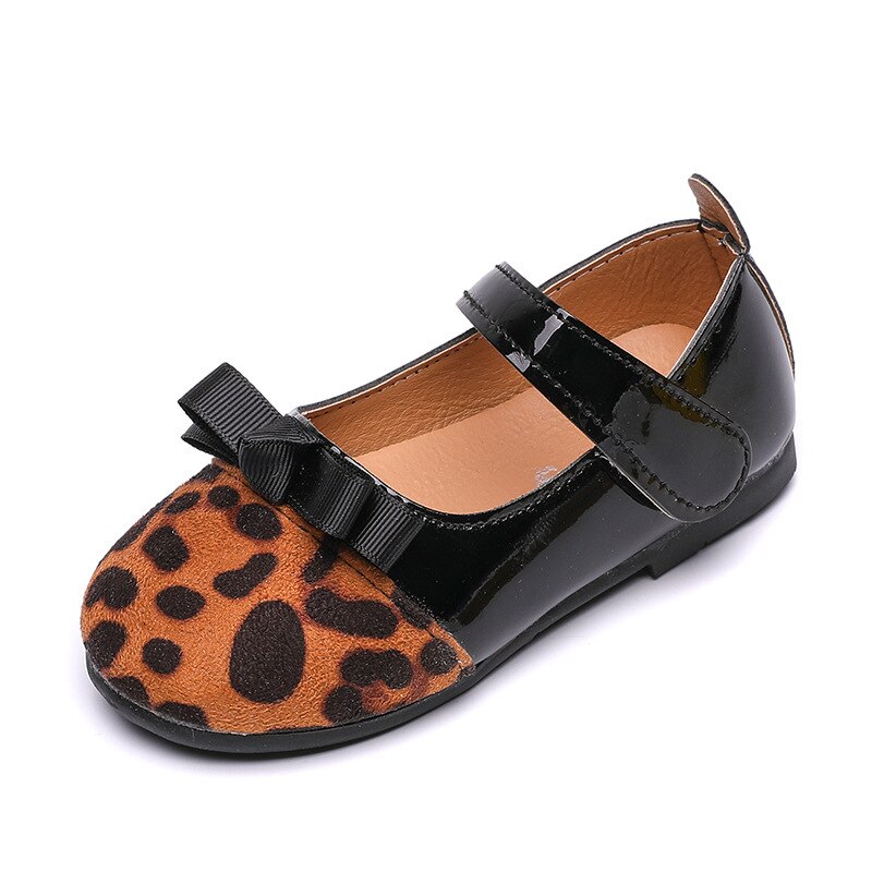 Moda Leopardo Meninas das Crianças Sapatos de Couro Sapatos Único 2019 Primavera e No Outono Novo Arco Suave Casual Crianças Meninas Princesa sapatos: Black / 12,5