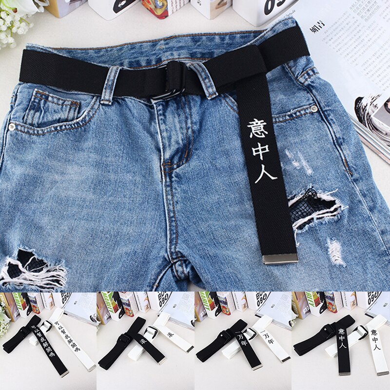 Jeans Waist Belts Canvas Chinese Letter Print Unisex corset Belt Personality Waistband Wide Belt Ring Buckle Harajuke Waistbelt
