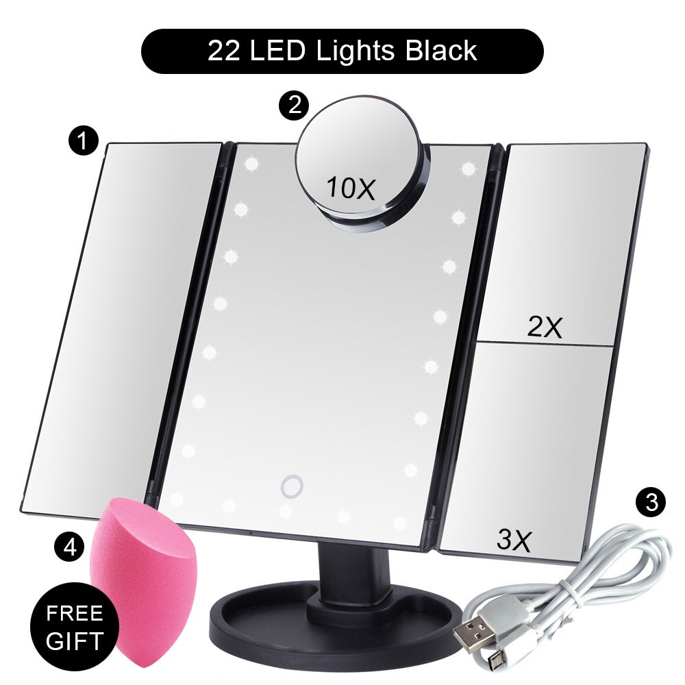 22 lys makeup spejl led touch screen bord bord makeup 1x/2x/3x/10x forstørrelses spejle 3 folde justerbart makeup spejl: Bk 22 lys sæt d