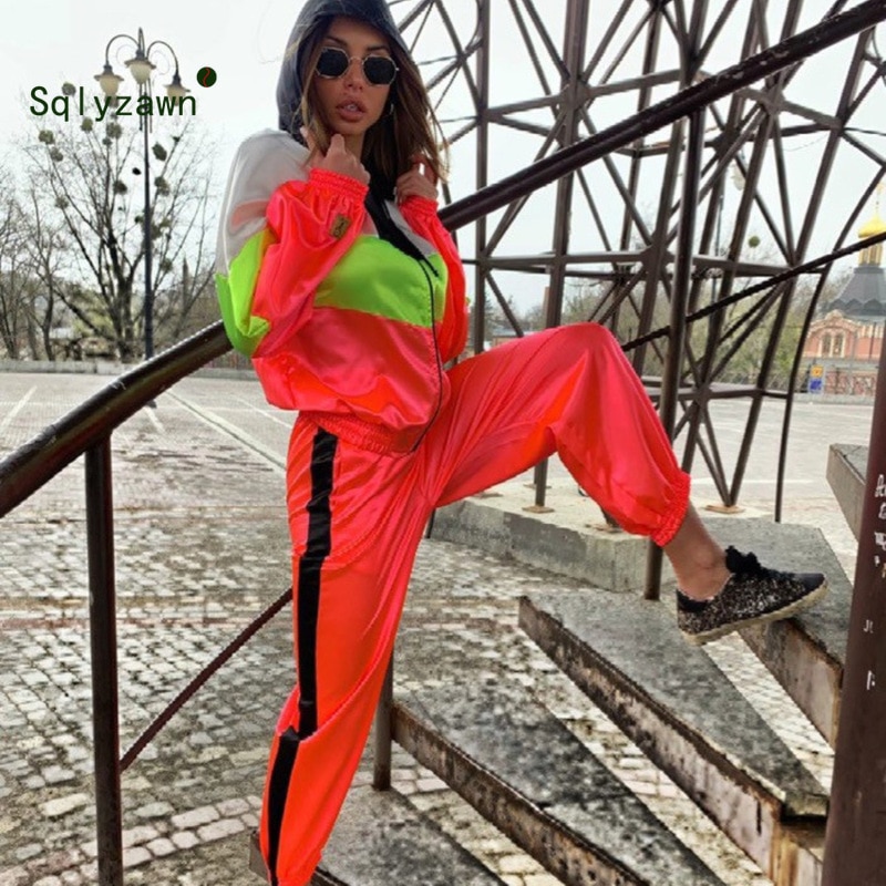 Neon Patchwork Sportwear Women Two Piece Outfits Hooded Long Sleeve Jacket Top + Pants Streetwear Tracksuit Women Matching Sets