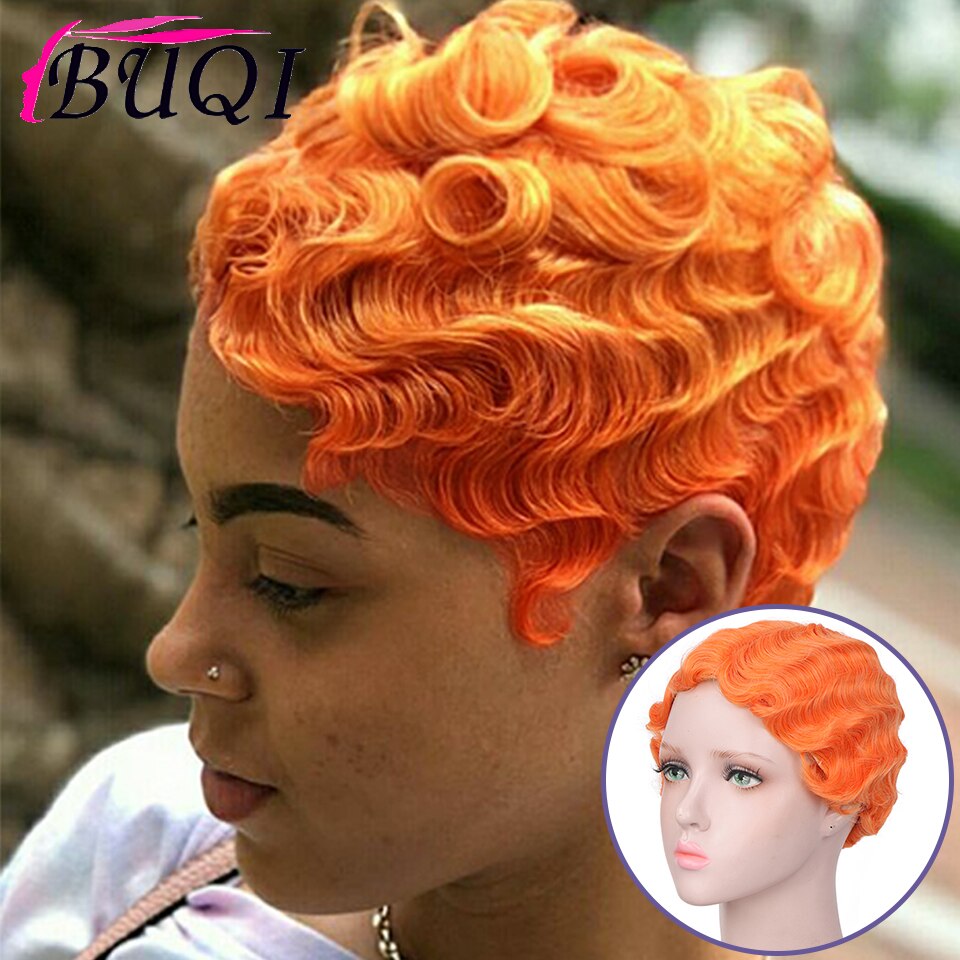 Buqi Rood Oranje Kort Krullend Pruiken Voor Afro-amerikaanse Vrouwen Blond Zwart Vinger Golven Pruik Synthetische Pruik Cosplay