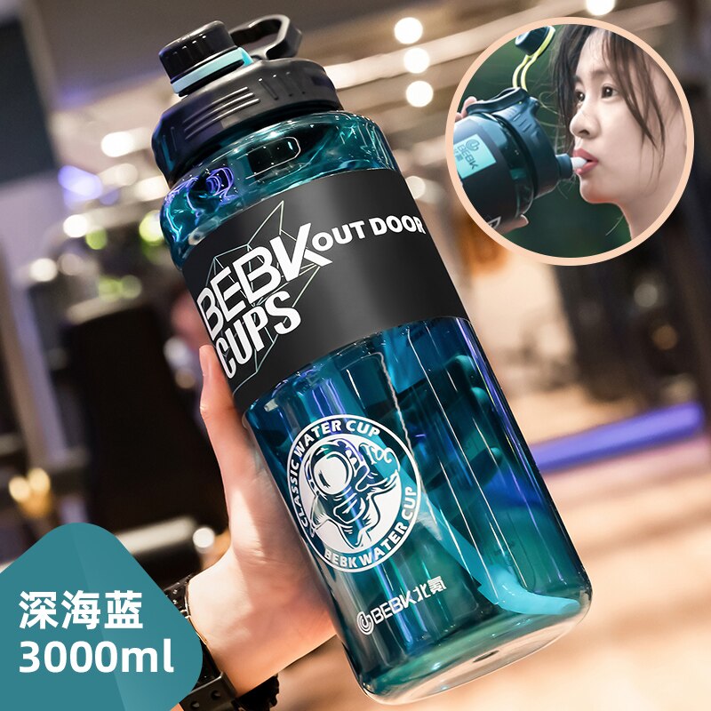 Sturdy Sports Water Bottle with Straw BPA FREE Waterbottle 2L 3L Larger Water Bottl Fitness Portable Drink Bottles Travel Kettle: Blue 3000ml