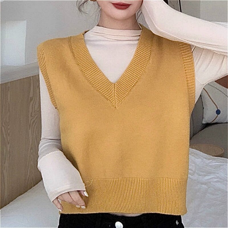 Sweater vest kvinder teenagere trendy ærmeløs tøj strikning beskåret afslappet pasform løst falder all-match solid mujer basic