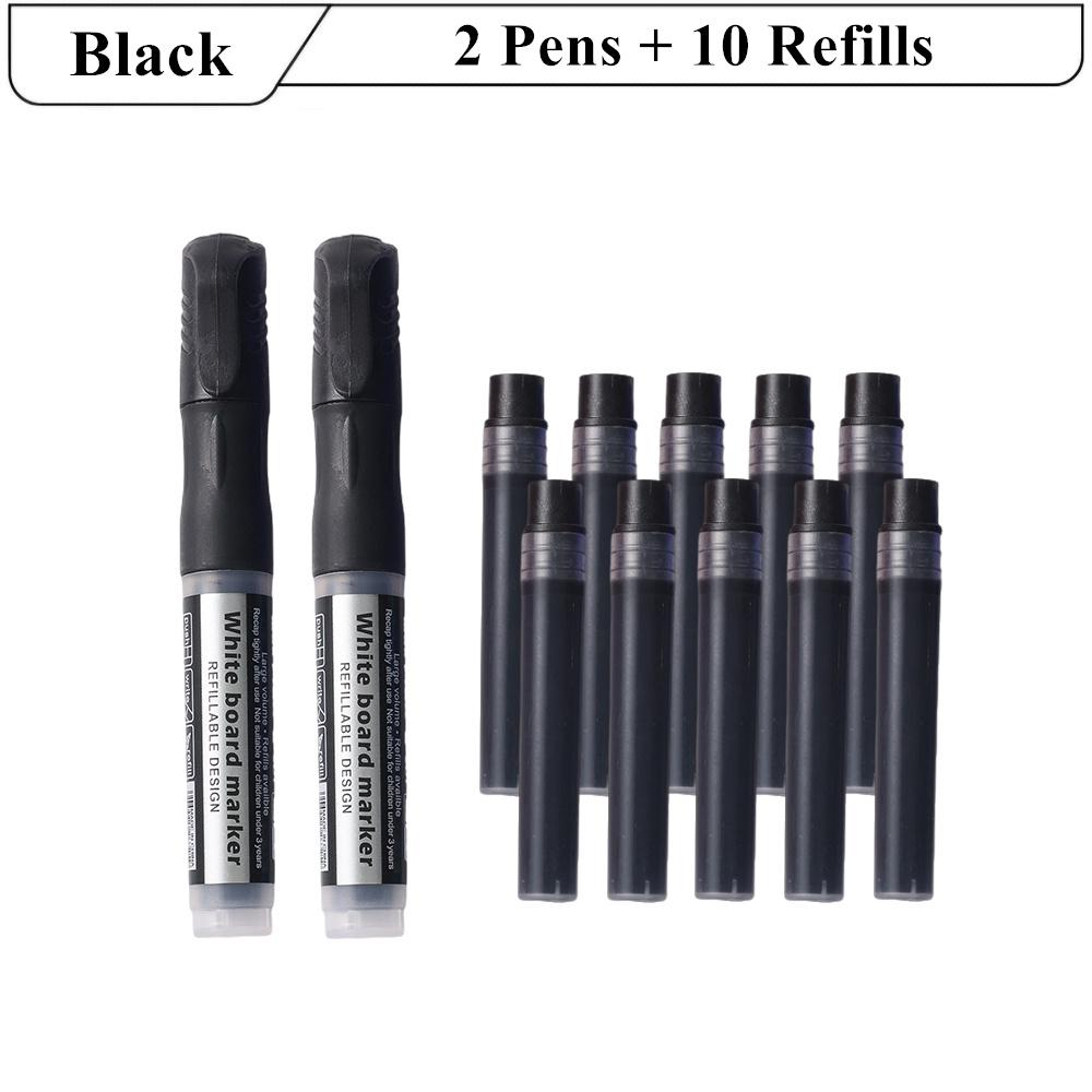 2 bolígrafos + 10 recambios, bolígrafo de pizarra de gran capacidad, marcador recargable negro, rojo, azul y verde, suministros de aprendizaje, papelería escolar y de oficina: Blanco