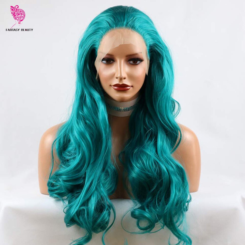 Fantasy Beauty Mint Green Purple Rose Pink Red Color Natural Looking Synthetic Lace Front Wigs for Women Long Wave Wig: 22inches / Blue Green
