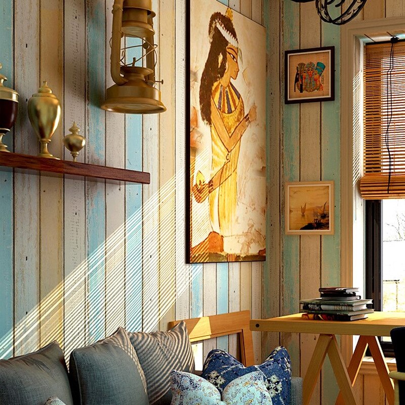 Papier peint intissé bleu Imitation bois pour mur derrière TV, salon, Film et télévision, Style méditerranéen