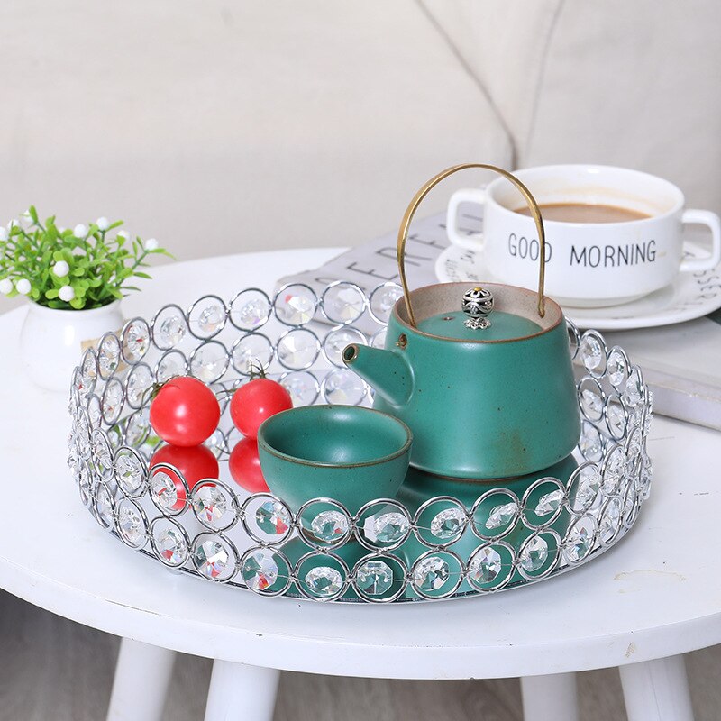 Bandeja redonda de cristal para decoración, bandeja de lujo para servir, mesa de Metal para almacenamiento de maquillaje, platos para decoración de baratija de boda