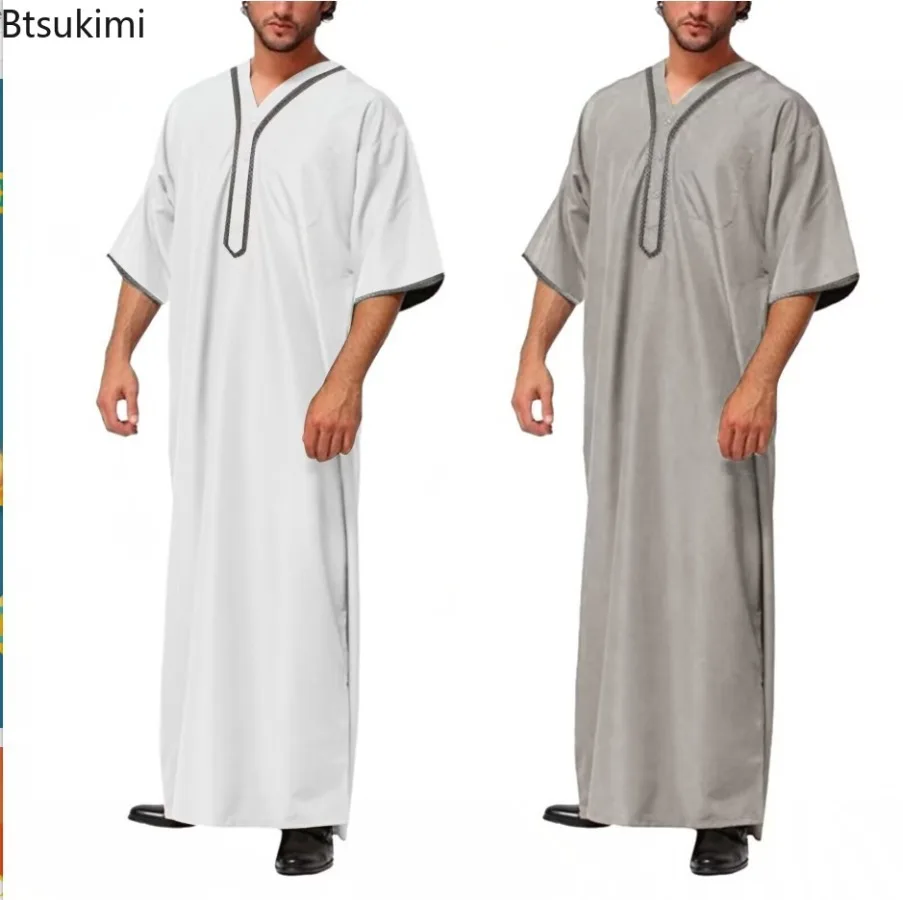 2023 Moslim Mode Mannen Lange Gewaad Effen Losse Knop Kimono Mannen Jubba Thobe Saudi Arabische Kaftan Mannen Shirt Abaya Islamitische kleding