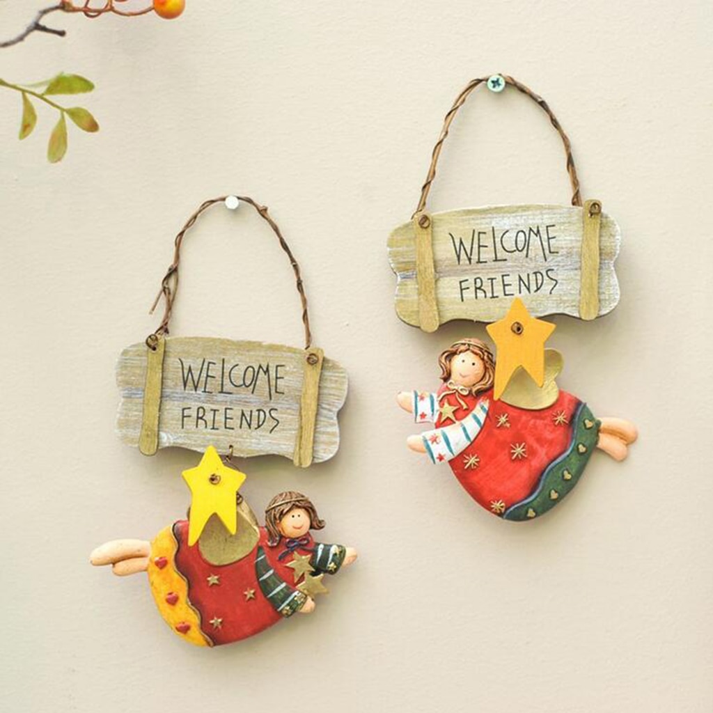 Cute Hanging Ornaments Wood Sign Welcome Sign Resin Angle Pattern Door Hanging Welcome Wall Plaque for Home Bar Cafe Decor