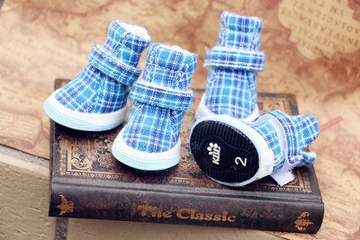 Plaid Warm Hond Schoenen Waterdicht Anti-Slip Schoenen Huisdier Voor Kleine Puppies Rassen Kat Herfst En Winter Sneeuw Boot accessoires 4 Stks/partij: 4 / Blue