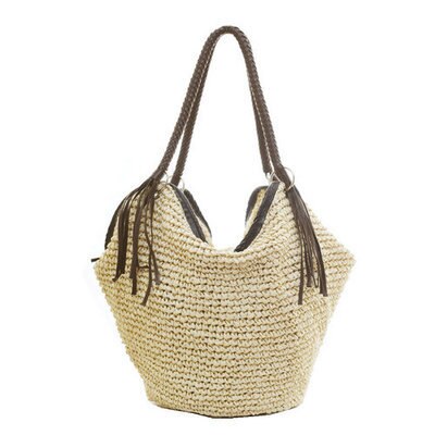 Bohemian Stro Vrouwen Schoudertassen Casual Grote Capaciteit Rotan Bakken Geweven Rieten Kwastje Emmers Dame Handtassen Zomer Strand Sac: beige