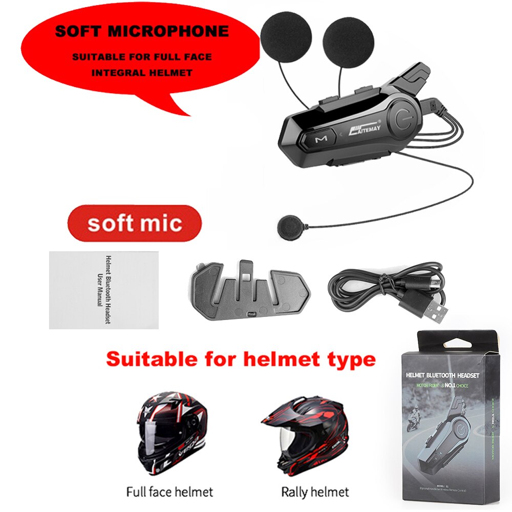 Kebidu-oreillette Bluetooth pour moto, appareil de communication pour casque, Intercom pour 2 motocyclistes, sans fil, portée 100M, musique: 1 x Soft Mic set