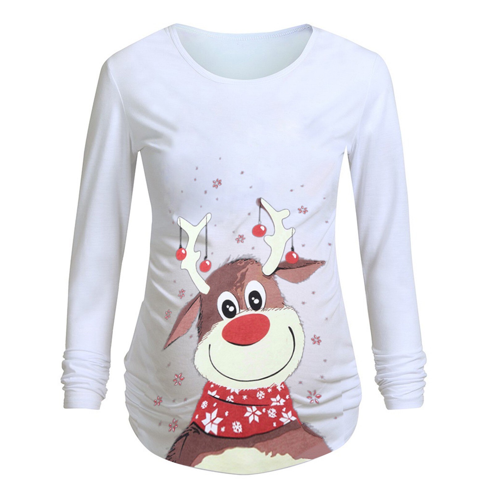 Femme enceinte noël à manches longues femmes imprimé côté de noël ruché maternité haut grossesse Out vêtements enceinte t-shirts # L: White / XL