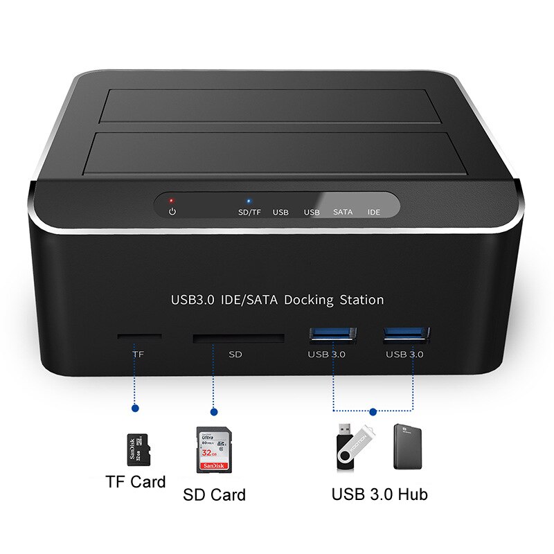 Dual Bay Usb 3.0 Naar Sata Ide Externe Harde Schijf Docking Station Met 2-Port Hub En Kaartlezer voor 2.5/3.5 Inch Sata/Ide Hdd