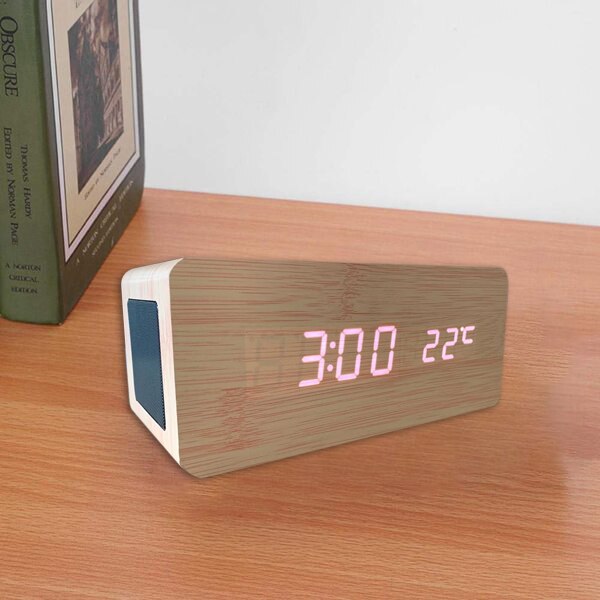 Bamboo Wooden Alarm Clock with Bluetooth Speaker Voice Control LED Digital Clock Wireless Charging Phone Wood Temperature Table