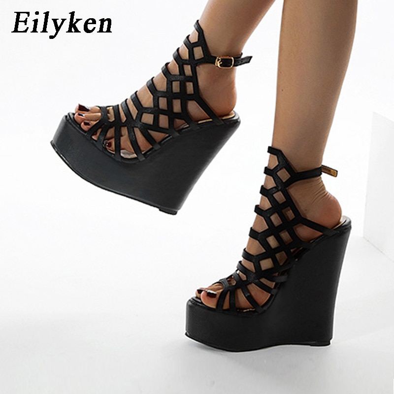 Sandalias romanas con plataforma para mujer de Eilyken, zapatos de vestir para mujer con tacón de cuña y hebilla en el tobillo con punta abierta de cuero PU A LA