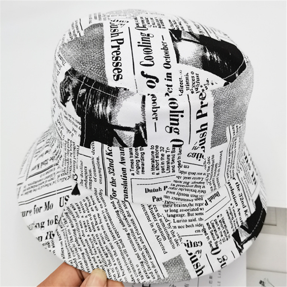 Printed Newspaper Basin Hat Summer Letter Hat Female Bucket Hat Street Personality Graffiti Fisherman Hat: White