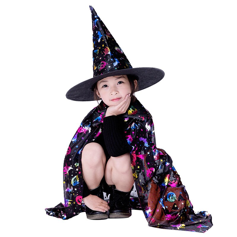 Kostium na bal maskowy czarodziej peleryna czarownicy peleryna szata z kapeluszem na pokaz gry Halloweens magiczne różdżki dla dzieci dzieci