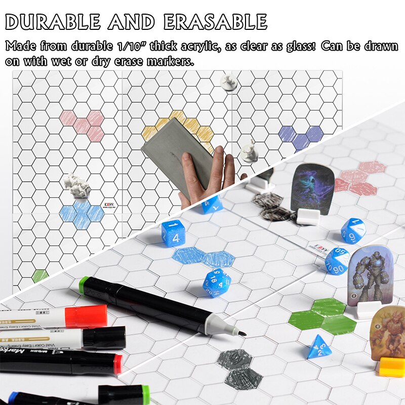 Acrylic Game Mat 1" Hex Grid Overlay Set of 2, 7"x8" Battle Map Board Clear & Durable - Great for Pathfinder and Other RPG Game