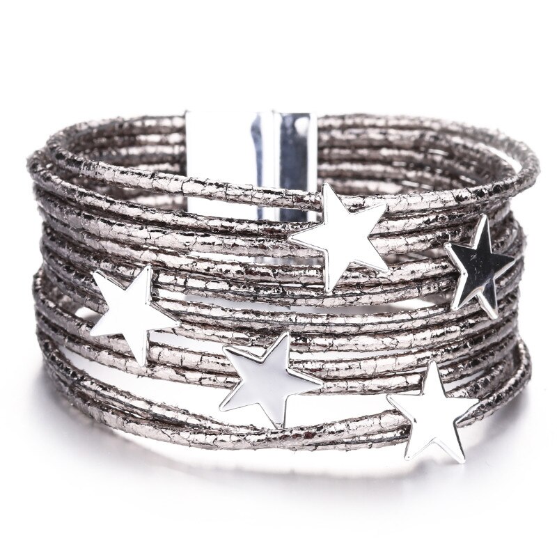 Allyes Bohemian Lederen Armbanden Voor Vrouwen Mode Pentagram Metalen Charm Boho Multilayer Wrap Armband Femme Sieraden: Gun Black