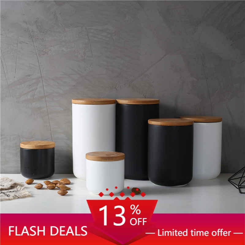 Tarro de cerámica con tapa de madera frasco de almacenamiento tipo botella Cocina Comida café té condimento sellado decoración de escritorio contenedor de cereales