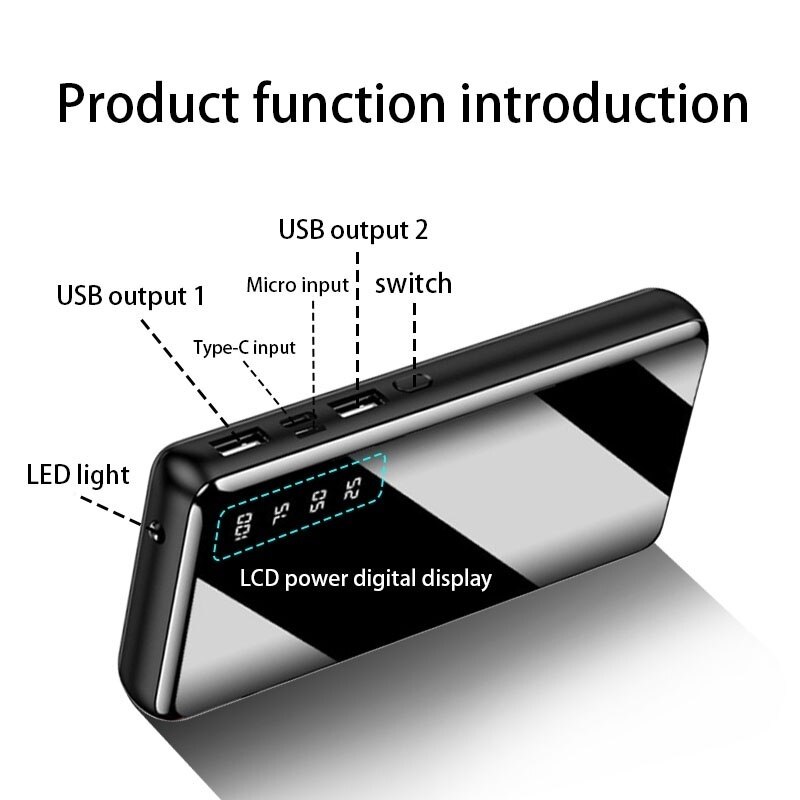 30000 mah banco de potência portátil grande capacidade espelho completo lcd display digital led iluminação ao ar livre carregador viagem telefone bateria