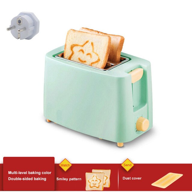 Household Automatic Bread Baking Maker Stainless Steel Electric Toaster Breakfast Machine Toast Sandwich Grill Oven 2 Slice: Green Pattern Cover